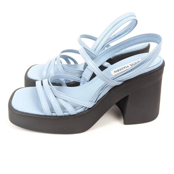Retro Baby Blue 10 Y2K Platform Chunky Hipster Leather Slip On Sandals New - Picture 4 of 6